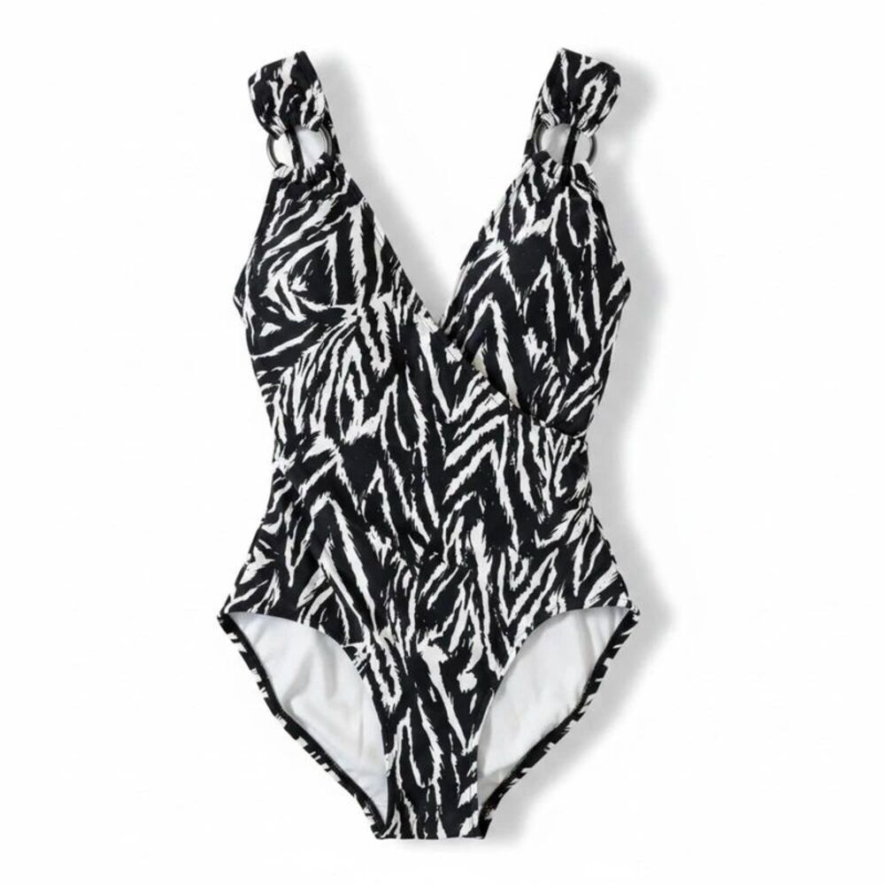 Carmen Marc Valvo Printed O-Ring One-Piece Swimsuit Black 4